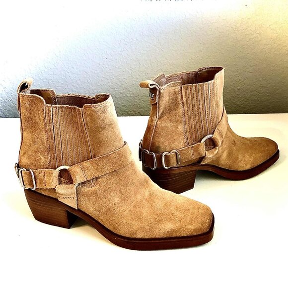 New SAM EDELMAN Bellamie Suede Harness Biker Ankle Booties Camel 7 MSRP $200 - Picture 1 of 7